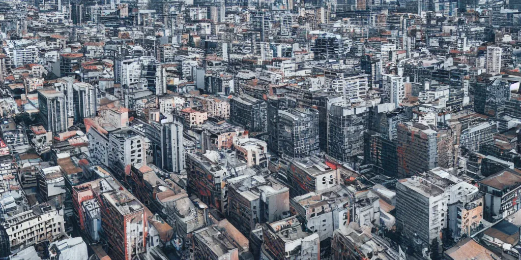 Prompt: drone view of a city with a large road through, Brutalist architecture,sharp focus,telephoto lens,digital art by Victor Mosquera 4k