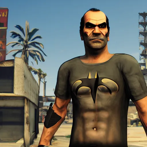 Image similar to trevor philips ( gta 5 ) as batman, town of sandy shores ( gta 5 ) in background