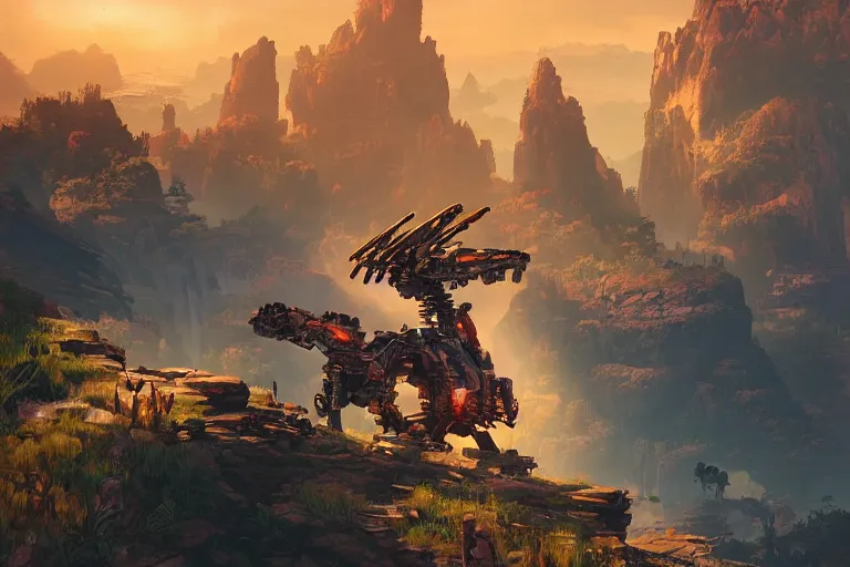 Image similar to rockbreaker machine mecanical creature robot of horizon forbidden west horizon zero dawn radiating a glowing aura global illumination ray tracing hdr fanart arstation by ian pesty and alena aenami artworks in 4 k