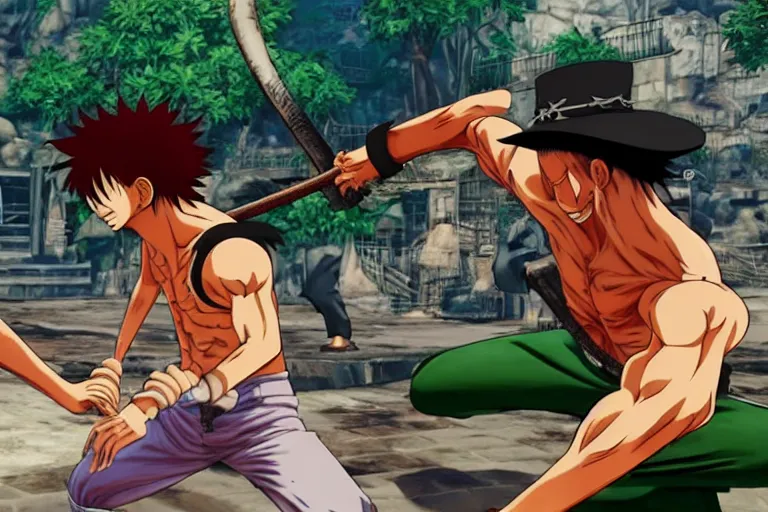 Image similar to Monkey D. Luffy and Roronoa Zoro fighting in Street Fighter V (2016)