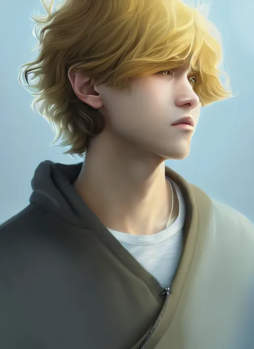 Image similar to young man with medium - length, curly, golden hair, perfectly proportioned face, aquamarine eyes, sorrow, natural lighting, path traced, highly detailed, high quality, cartoon, digital painting, by new haicheng and studio ghibli