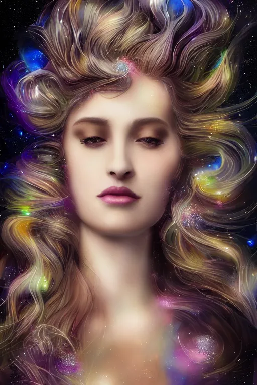 Image similar to one beautiful young woman's face, magical, space stars and planets in her hair, windblown, intricate, synth-wave, retrowave, highly-detailed, elegant, dramatic lighting, gorgeous face, lifelike, photorealistic face, long luxurious intricate gown, digital painting, artstation, illustration, concept art, smooth, sharp focus, art by John Collier, artgerm, and Albert Aublet and Krenz Cushart and Artem Demura and Alphonse Mucha