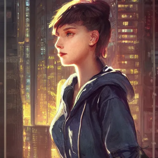 Prompt: character portrait of a 1950s girl in a hoodie, pixie cut, dystopian cyberpunk steampunk soviet mood, intricate, wild, highly detailed, digital painting, artstation, upper body, concept art, smooth, sharp focus, illustration, art by artgerm and greg rutkowski and alphonse mucha