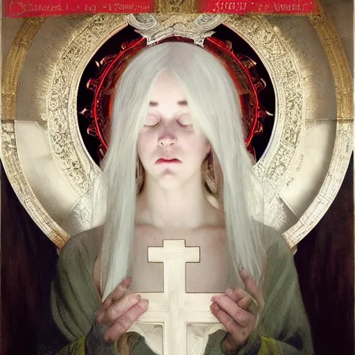 Prompt: portrait of a beautiful ethereal delicate meditative catholic bishopric sacred pose catholic steps of the cross, white hair with big black and red horn, intricate, elegant, highly detailed, digital painting, artstation, concept art, smooth focus et sharp, illustration, art by krenz cushart and artem demura and alphonse mucha