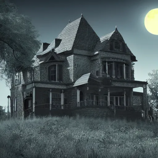 Prompt: A creepy dark big house on the top of a hill, dramatic moonlight scene. Cinematic god ray tracing