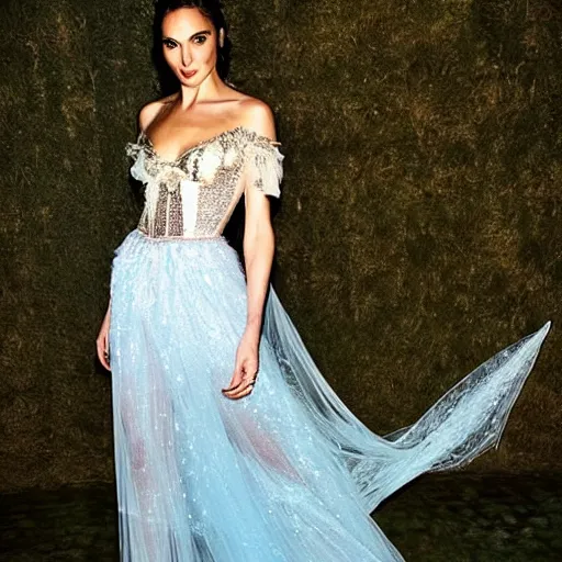 Prompt: Gal Gadot dressed in a Fairy dress with cream lace bodice with sleeves of sheer pale blue sequins photographed in the style of Mario Testino, Studio Lighting