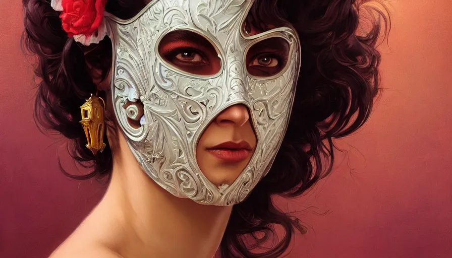 Image similar to masked, perfectly-centered-Portrait of the most beautiful woman on the planet, evil, circus artist, intricate, highly detailed, digital painting, artstation, concept art, smooth, sharp focus, illustration, Unreal Engine 5, 8K, art by artgerm and greg rutkowski and alphonse mucha