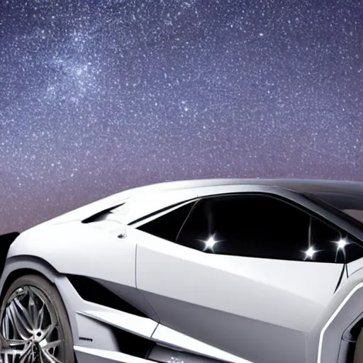 Prompt: Photo of a Sleek Silver Space Ship designed by Lamborghini for the ultra rich. Vibrant stars and nebular in the background