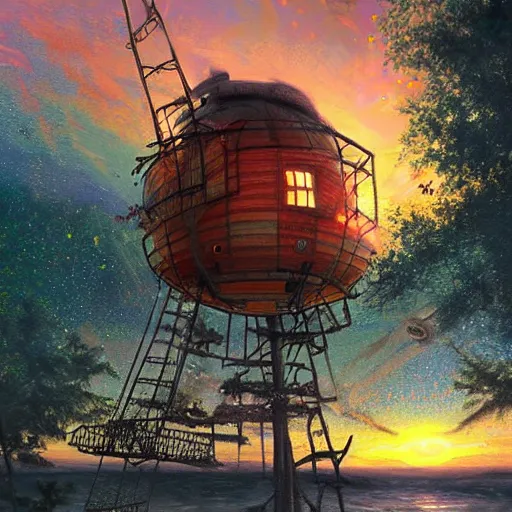 Prompt: An astronaut in a tree house, on the beach, with a sunset, digital art, trending on artstation, HDR, By Thomas Kinkade