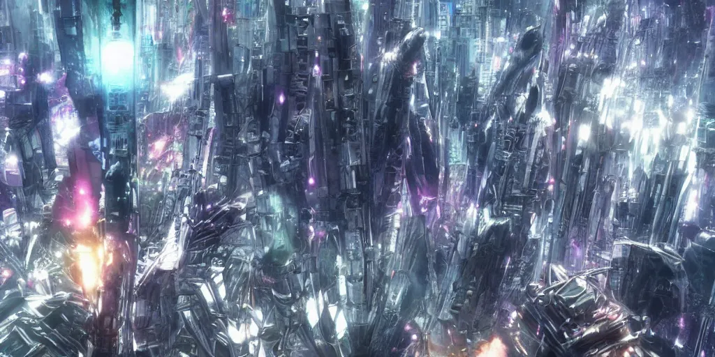 Image similar to towering ruins of alien megastructures, hidden crystal prisms underground, screenshot from the award-winning science fiction anime, from the anime film ghost in the shell, trending on artstation