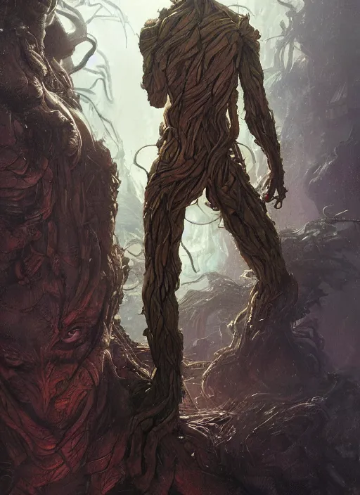 Image similar to wideshot, Portrait of Groot, marvel comics, dark, intricate, highly detailed, smooth, artstation, digital illustration by Ruan Jia and Mandy Jurgens and Artgerm and Wayne Barlowe and Greg Rutkowski and Frank Frazetta