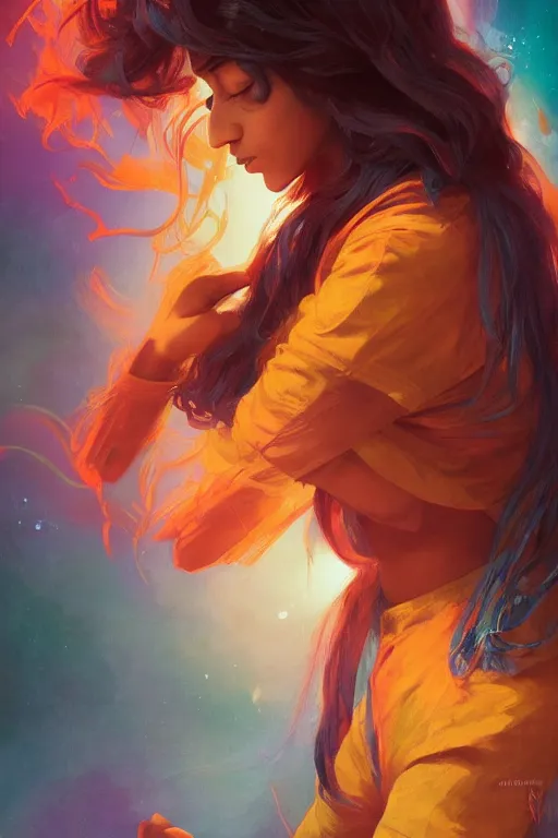 Prompt: A Full View portrait of Kamala Khan, Iman Vellani, filled with wonder. MCU. Hyper color. Vapor Wave Vibes. masterpiece 4k digital illustration by Ruan Jia and Mandy Jurgens and Artgerm and greg rutkowski and Alexander Tsaruk and WLOP and william-adolphe bouguereau, award winning, Artstation, art nouveau aesthetic, Alphonse Mucha background, intricate details, realistic, panoramic view, Hyperdetailed, 8k resolution, intricate art nouveau