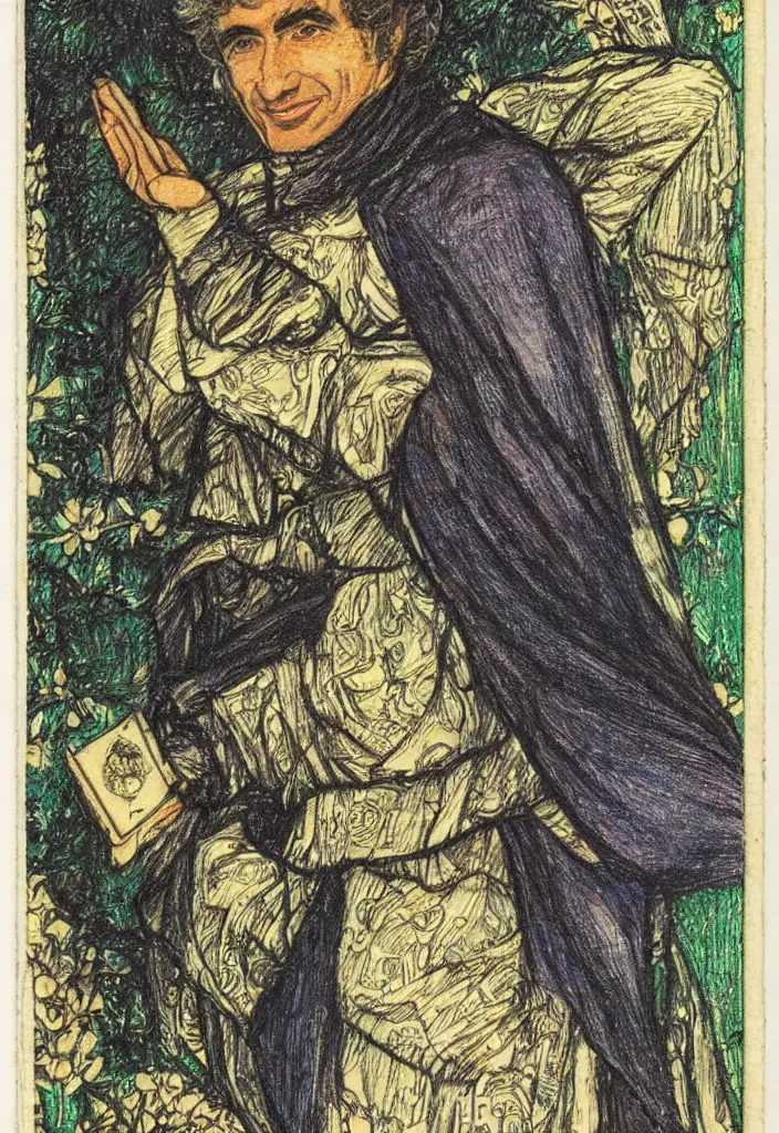 Image similar to Yoshua Bengio smiling drawn on the Tarot card. Illustration by preraphaelists.