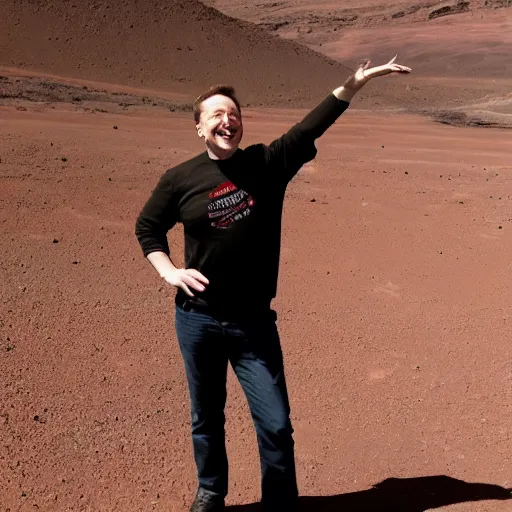 Image similar to Happy Elon Musk on Mars, photo, centered, full body, grand gesture, 2040