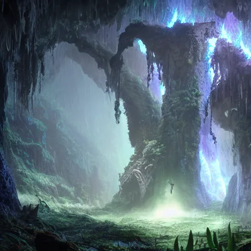 Image similar to photo an overgrown deep underground cave on another world embellished with a lush overgrown jungle of beautiful ancient alien trees, alien elvish cave village, scattered complex ancient monoliths emitting cosmic astral energy, nebula fog and cosmic mist, 4 k rtx hdr volume light concept studio matte painting environment octane, ue 5, photorealistic render trending on artstation by eytan zana