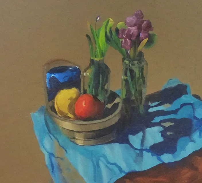 Image similar to a beautiful still life painting by a first-year art student; extraordinary masterpiece!!!!!