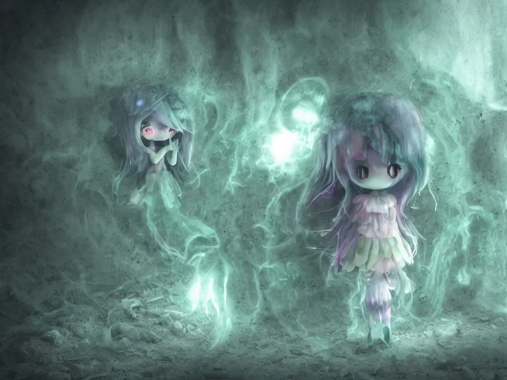 Image similar to cute fumo plush smiling ectoplasmic jellyfish ghost girl lingering in a mysterious concrete organic ruin, technicolor horror, chibi gothic maiden in tattered melting rags, glowing wisps of hazy green smoke and eerie blue volumetric fog swirling about, moonlight, glowing lens flare, vray
