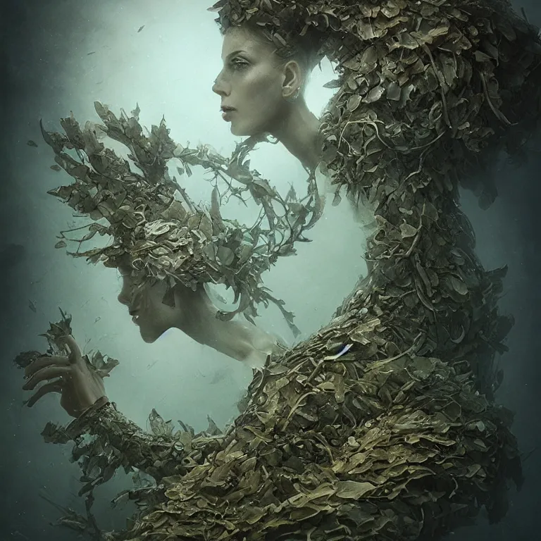 Image similar to powdery underwater old tintype photo, realistic armoured tree made of leaves, dramatic light, dystopian environment, intricate, elegant, highly detailed, centered headdress, artstation, sharp focus, artgerm, tomasz alen kopera, peter mohrbacher, donato giancola, boris vallejo, frank frazetta