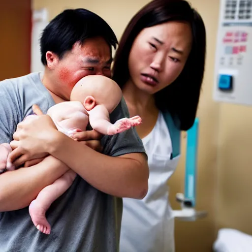 Prompt: a shocked, confused asian man holds african - american baby at the hospital