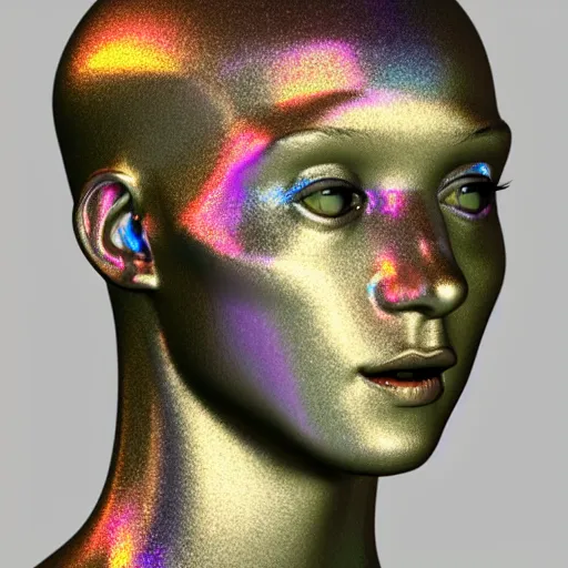 Image similar to 3d render of holographic human robotic head made of glossy iridescent, surrealistic 3d illustration of a human face non-binary, non binary model, 3d model human, cryengine, made of holographic texture, holographic material, holographic rainbow, concept of cyborg and artificial intelligence