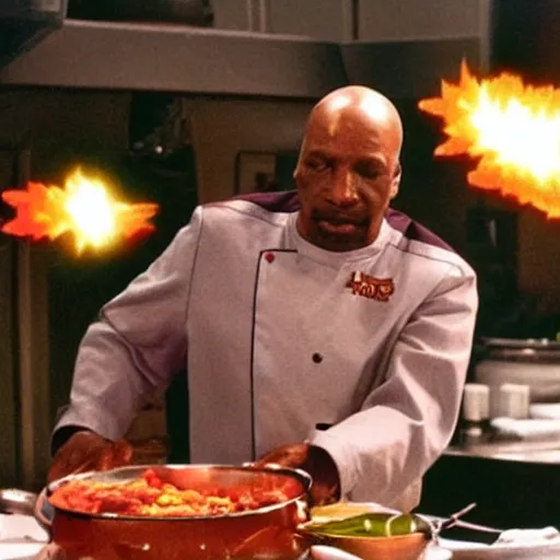 Prompt: captain sisko cooking jambalaya while the space station ds 9 explodes