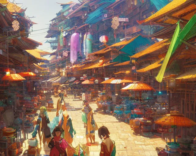 Image similar to colorful marketplace in a great, colorful kitsune city, bamboo, anime, a fantasy digital painting by Greg Rutkowski and James Gurney, trending on Artstation, highly detailed