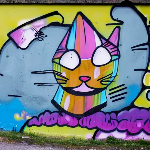 Prompt: Photo of a Graffiti wall with a drawing of a cat by Colette Miller