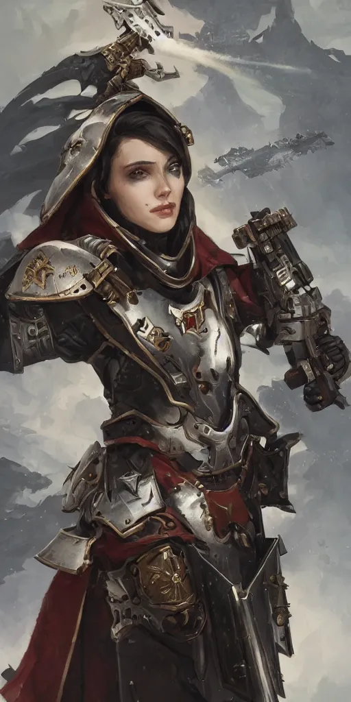 Image similar to beautiful female inquisitor, warhammer 40k, leather armor, bolt pistol in one hand, chainsword in the other, ultra facial detail, Tooth Wu Artgerm Greg Rutkowski artstation deviantart, 8k, fanart, extreme aesthetic