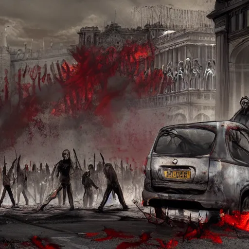 Image similar to a wide shot concept art of a zombie apocalypse in london town outside buckingham palace, 1 0 0's of zombies, smoke, fire, apocalyptic style image, smashed up cars, dead body's on the ground, blood, hyper detailed, illustration, digital art, featured on artstation, award winning image, unreal engine 7 render, 8 k, masterpeice