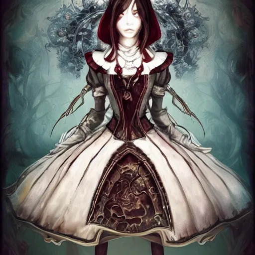 Prompt: portrait of alice, alice madness returns, baroque style, elegant, beautiful, mesmerizing, concept art, fancy clothing, highly detailed, artstation, behance, deviantart, inspired by innocent manga, inspired by castlevania concept art, trending, ayami kojima, shinichi sakamoto