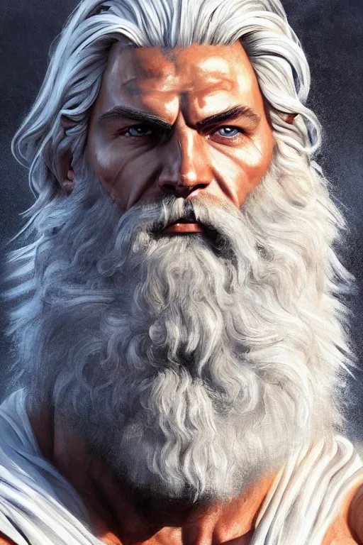 Image similar to painted portrait of rugged zeus, god of thunder, greek god, white hair, masculine, powerful, handsome, opulent, upper body, white robe, muscular, hairy torso, fantasy, intricate, elegant, highly detailed, digital painting, artstation, concept art, smooth, sharp focus, illustration, art by craig mullins and magali villeneuve