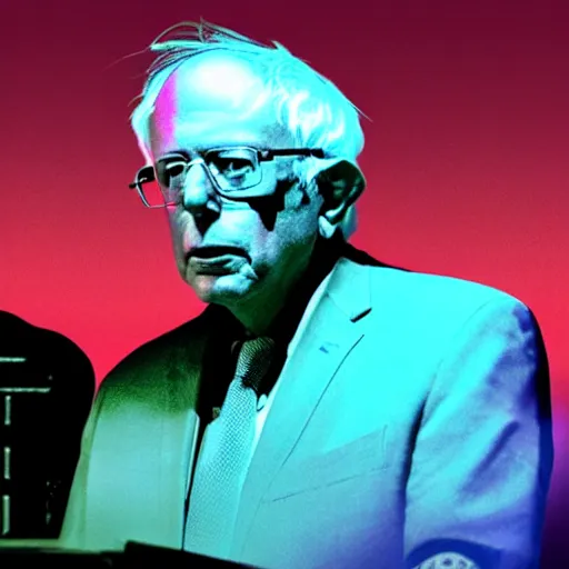 Prompt: a heat ray shooting out of bernie sanders'eyes, synthwave