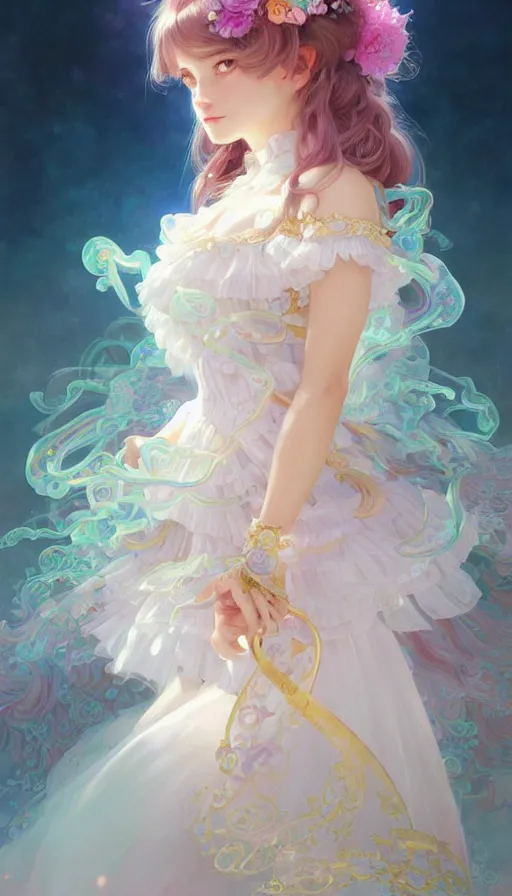 Image similar to portrait of magical lolita girl, dreamy and ethereal, (colour) eyes, peaceful expression, ornate frilly dress, fantasy, intricate, elegant, rainbow bubbles, highly detailed, digital painting, artstation, concept art, smooth, sharp focus, illustration, art by artgerm and greg rutkowski and alphonse mucha