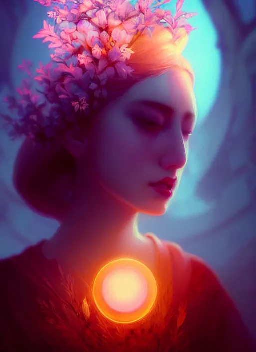 Image similar to a beautiful majestic young white queen with flowers on her orange hair, glowing light orbs, intricate concept art, elegant, digital painting, smooth, sharp focus, ethereal mist, deep colors, illuminated lines, outrun, vaporware, dark background, cyberpunk darksynth, ethereal, ominous, misty, 8 k, rendered in octane, by ruan jia and miho hirano