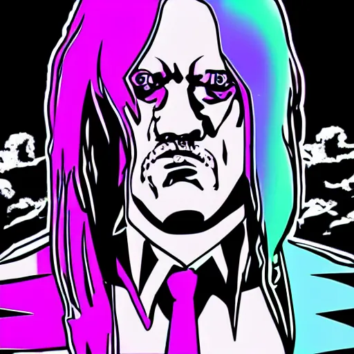 Image similar to undertaker in a vaporwave style