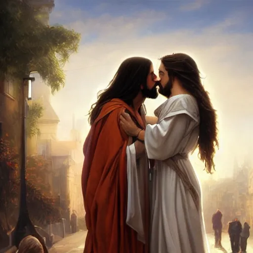 Image similar to jesus kissing a woman in a street, elegant, highly detailed, digital painting, artstation, concept art, matte, sharp focus, highly detailed, 4 k, hdr, smooth, sharp focus, high resolution, award - winning photo, photorealistic, art by artgerm and greg rutkowski and alphonse mucha, large shot