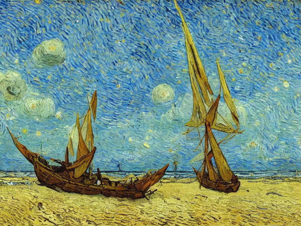 Image similar to oil painting of a viking longship beached on a desert island in the south pacific, light scatter, van gogh