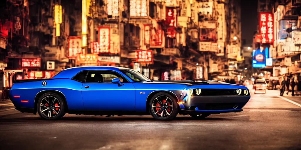 Image similar to dodge challenger with blood vinyil in the middle of a road on the night Hong Kong china town, blue color grading, cinematic color grading , unreal 5, hyperrealistic, realistic, photorealistic, dynamic lighting, highly detailed, cinematic landscape, studio landscape, studio lighting