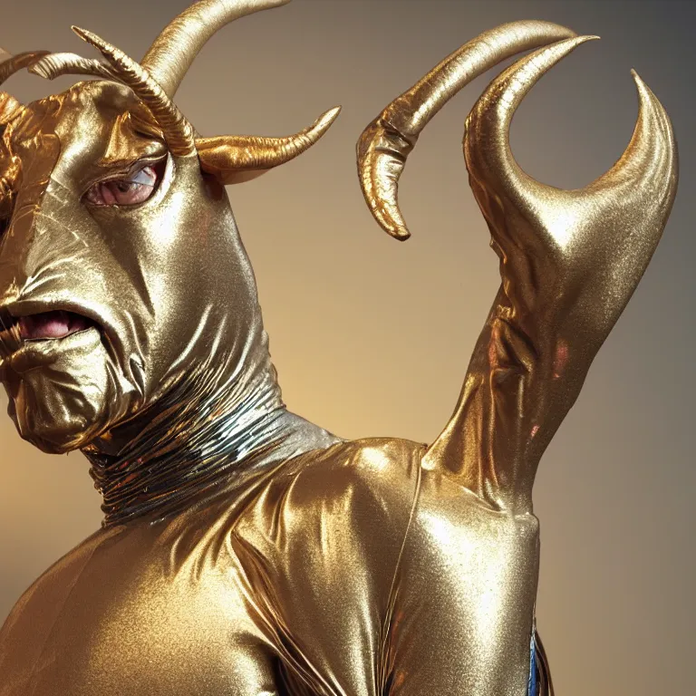 Image similar to octane render portrait by national geographic and wayne barlow and carlo crivelli and glenn fabry, a goat - headed evil demon wearing a tight iridescent silver latex suit, covered in liquid gold, cinema 4 d, ray traced lighting, very short depth of field, bokeh