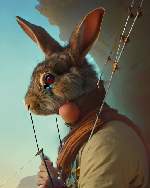 Image similar to highly detailed surreal vfx portrait of a rabbit archer, stephen bliss, unreal engine, greg rutkowski, loish, rhads, beeple, makoto shinkai and lois van baarle, ilya kuvshinov, rossdraws, tom bagshaw, alphonse mucha, global illumination, detailed and intricate environment