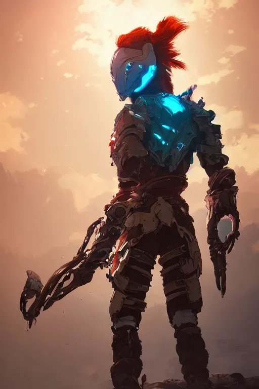 Image similar to combination suit armor aloy horizon forbidden west horizon zero dawn radiating a glowing aura global illumination ray tracing hdr fanart arstation by ian pesty and alena aenami artworks in 4 k tribal robot ninja mask helmet backpack