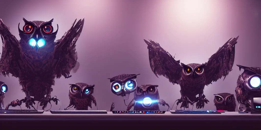 Image similar to an giant evil, malevolent, cyborg owls looking at a computer, surrounded by computer screens. this 4 k hd image is trending on artstation, featured on behance, well - rendered, extra crisp, features intricate detail and the style of unreal engine. volumetric lighting octane render