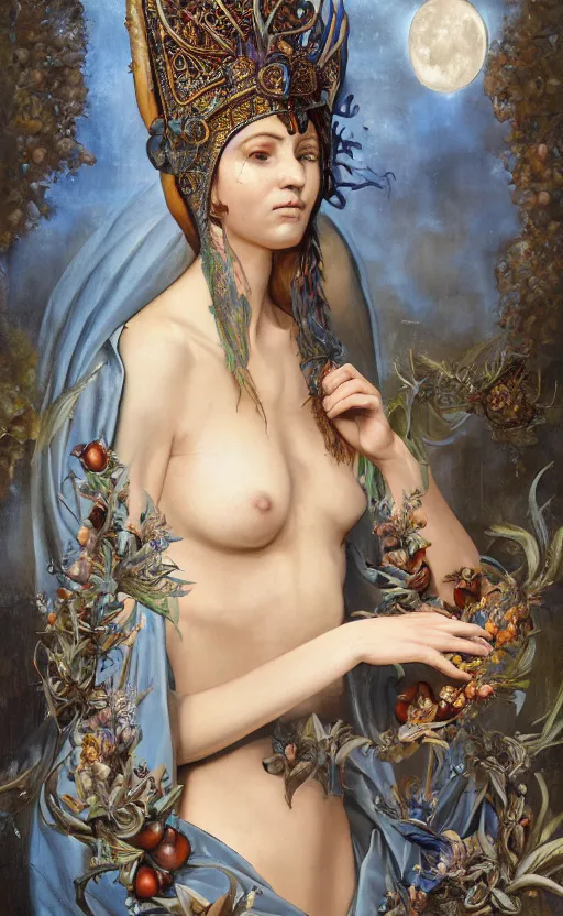 Image similar to a painting of a woman in plain blue robes, hands in lap with scroll, lunar crescent, horned diadem, large cross on chest, palm leaves, pomegranates, a surrealist painting by marco mazzoni, peter mohrbacher, cgsociety, neo - figurative, detailed painting, rococo, oil on canvas, biomorphic, lovecraftian