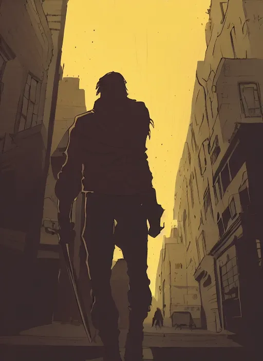 Prompt: young blonde beautiful male boy assassin walking on a city street, mike mignola style, comics, beautiful composition, wide angle, cinematic, volumetric lighting, intricate details, vibrant colors and hard shadows and strong rim light