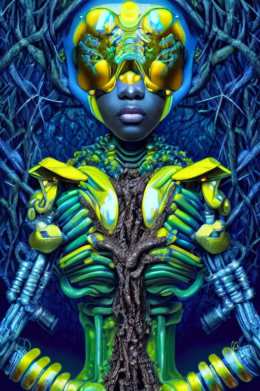 Image similar to hyperrealistic deconstructed super expressive! black woman with exoskeleton armor, merging with tree in a forest, highly detailed digital painting masterpiece smooth cam de leon hannah yata dramatic pearlescent blue yellow light ground angle hd 8k sharp focus