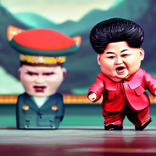 Image similar to kim jong un doll being chased by screaming bob ross doll octane render