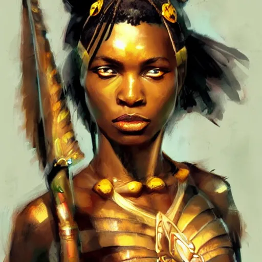 Prompt: African Warrior Priestess with Shining Eyes, by Simon Bisley and Jeff Simpson