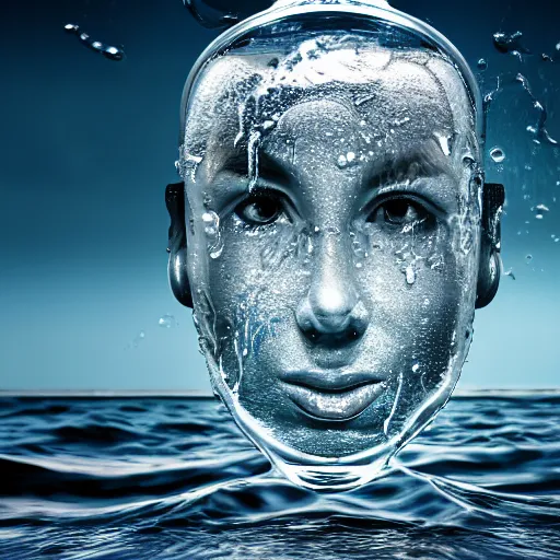 Image similar to water art manipulation in the shape of a human head in a bottle shape, on the ocean water, futuristic, glowing, hyper realistic, ray tracing, realistic water splashes, sharp focus, long shot, 8 k resolution, cinematic, photoshop water art