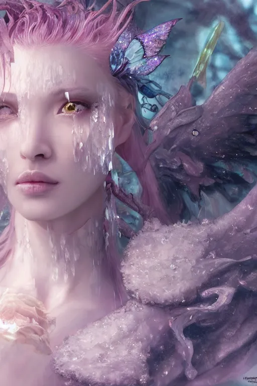 Image similar to face closeup covered with ice of extremely beautiful girl necromancer, magical fairy flowers and ice velvet, diamonds, angels, 3 d render, hyper - realistic detailed portrait, holding fire and electricity rainbow, ruan jia, wlop. scifi, fantasy, magic the gathering, hyper detailed, octane render, concept art, peter mohrbacher