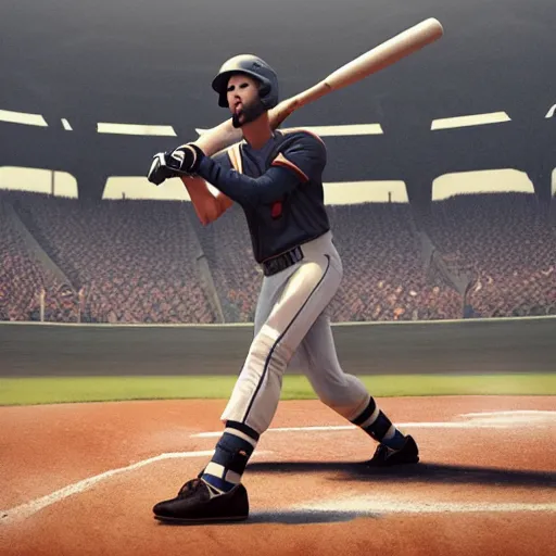 Image similar to baseball player hitting the ball with the baseball bat in the middle of the game and in front of everyone in the stadium, james gurney painting style, greg rutkowski, artstation, octane render, unreal engine 5